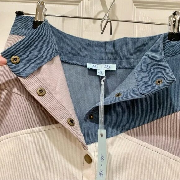 Blue Colorblock Patchwork Button-Up Corduroy Mini Skirt - Picture 6 of 7